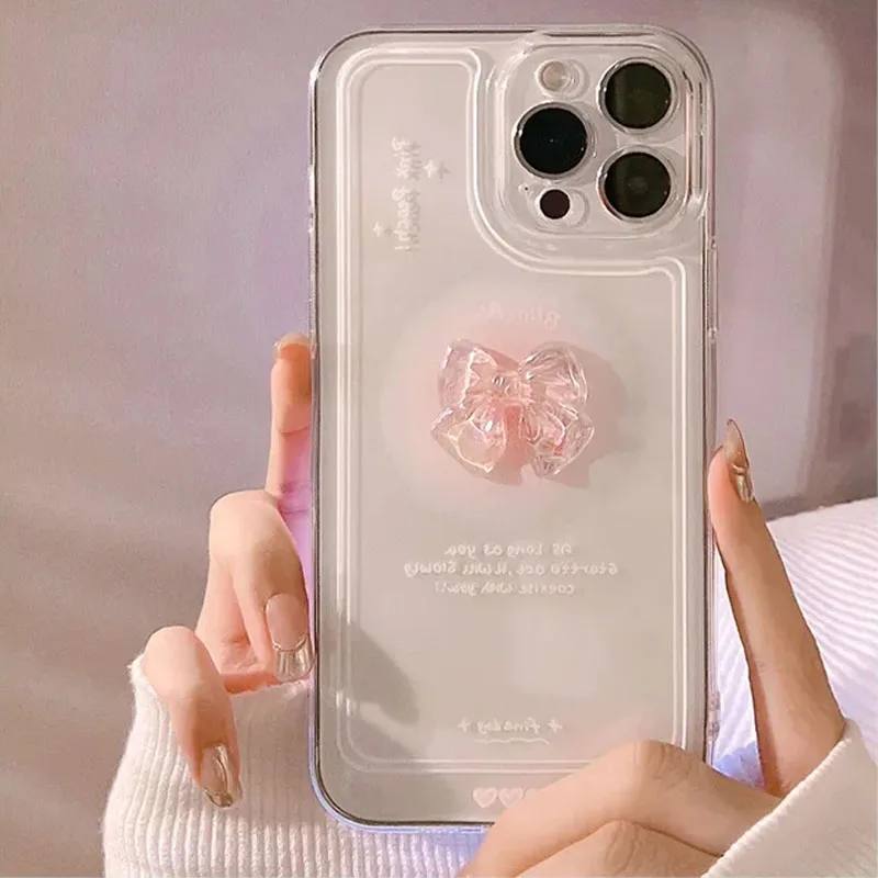 Koreańskie przezroczyste miękkie etui na telefon 3D Bow do iPhone\'a 16 15 14 13 12 11 Pro Max XS X XR 7 8 Plus 13 MINI Candy Cute Transparent Cover