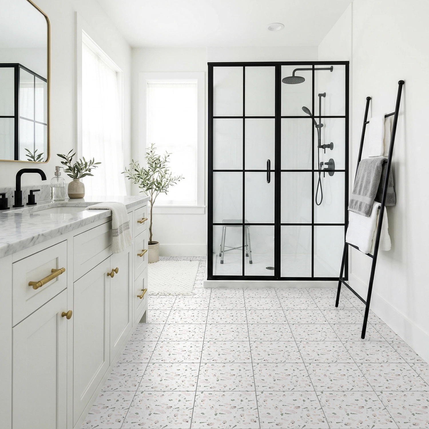 Matte Terrazzo Tile Decals, Upgraded Thickening Self-Adhesive Floor Stickers for Kitchen Bathroom Living Room Decor