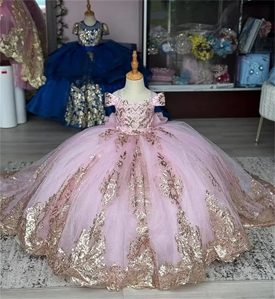 

Customized Wedding Gold Appliques Floor Length With Bow Pink Flower Girl Dress For Classic Princess Birthday Pageant Ball Gown