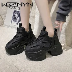 Women Chunky Sneakers Vulcanize Shoes Korean Fashion New Female Black White 9cm Platform Thick Sole Casual Shoes Woman Sneakers