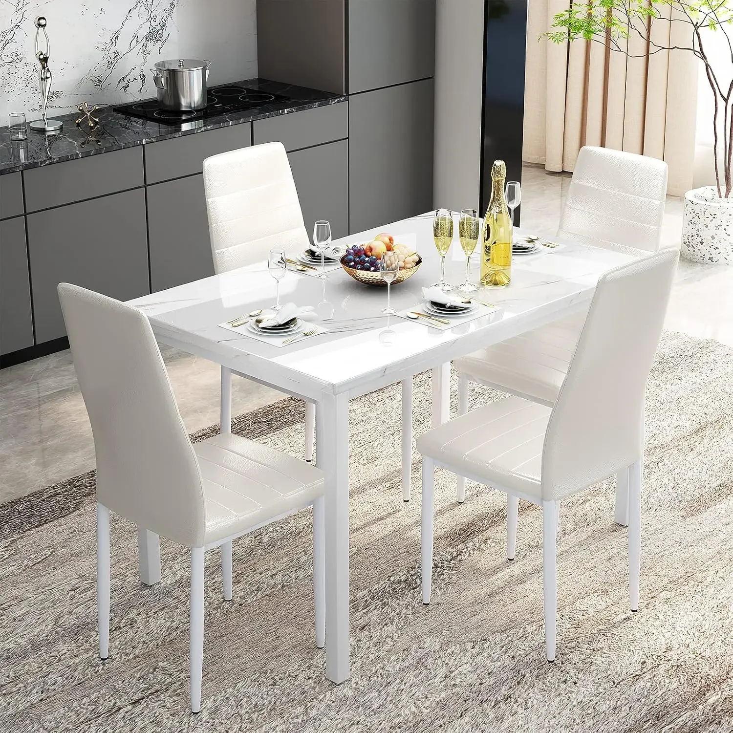 

5-Piece Dining Table Set for 4,Faux Marble Kitchen Table and Chairs Set with Upholstered Leather Chairs,Morden Dining Room Table