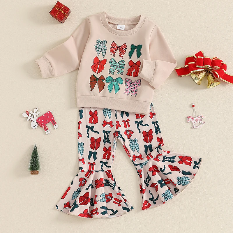 Lioraitiin  Toddler Girl Christmas Outfits Bow Print Crew Neck Long Sleeve Sweatshirt with Flare Pants Set