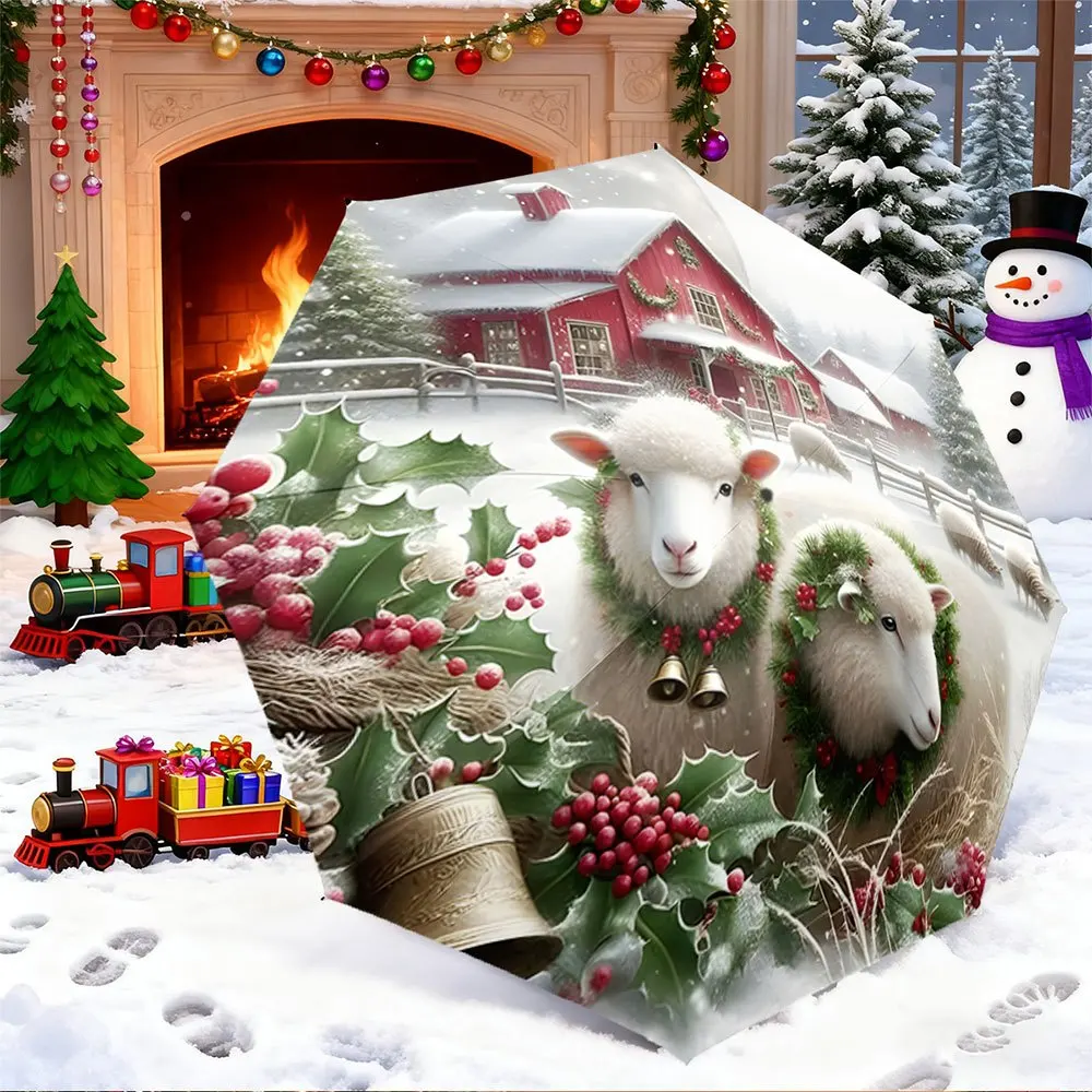 

Portable Folding Umbrella | Snowy Barn Scene with Sheep, Snowman, Toy Train, Festive Wreaths | Fits Travel, Backpack, Holiday