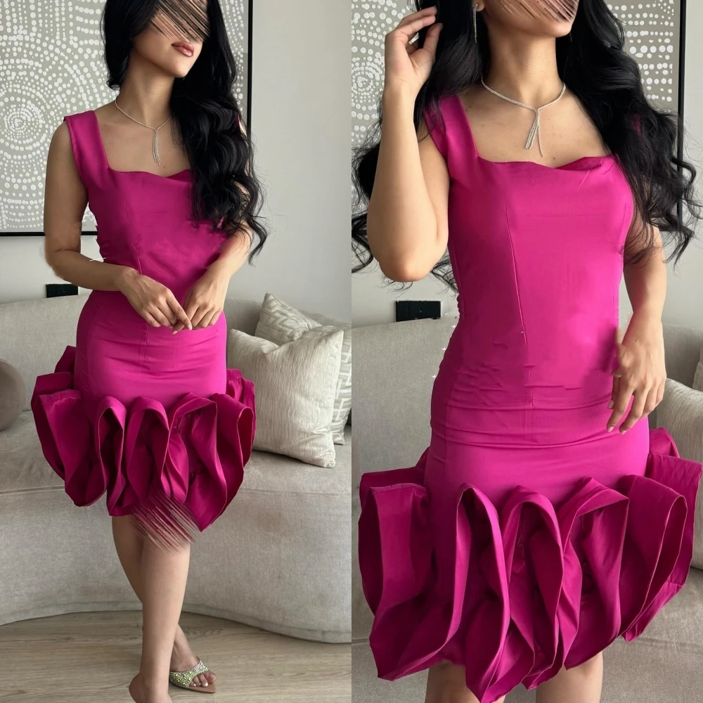 Jiayigong  Satin Pleat Ruched Birthday Sheath Square Neck Bespoke Occasion Gown Knee Length Dresses