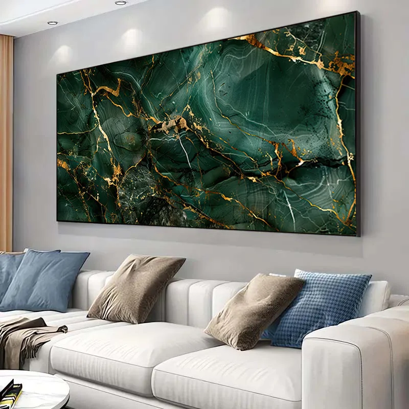 Large Frameless Modern Marble Canvas Art Emerald and Gold Texture Wall Decor Living Room,Elegant Abstract Design, Bedroom Wall
