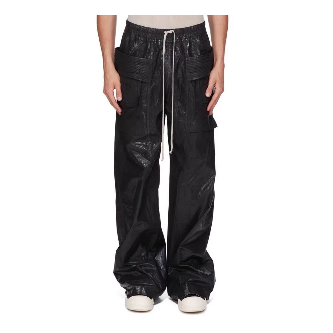 Vintage Wax Dyeing Coated Wide Leg Black Cargo Trousers Cylinder Horn Multi-Pocket Double Ring Workwear Drawstring Pants Baggy