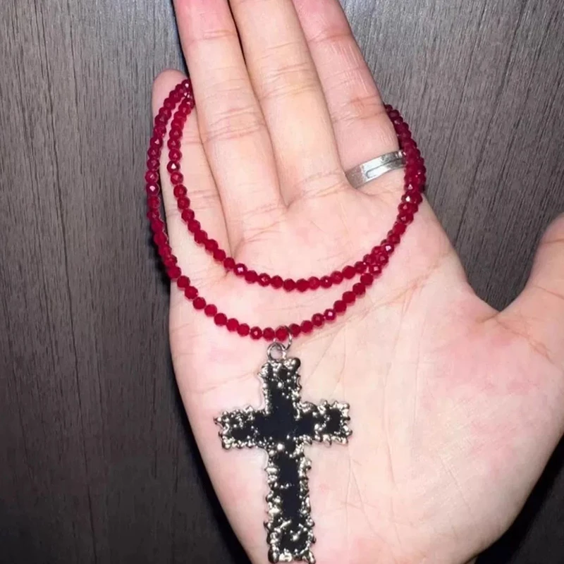 Goth Jewelry Red Beads Cross Pendant Necklace for Women Punk Cool Rock Accessories Vintage Charms Necklaces