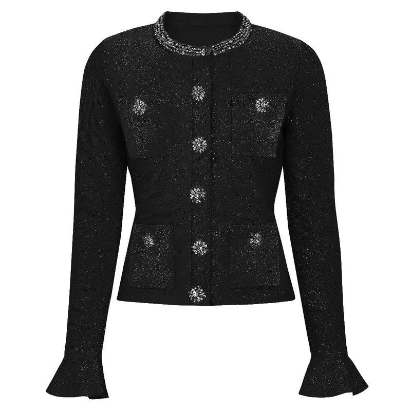 

Elegant High Quality Knitted Slim Fit Shirt with Rhinestone Lace Sleeve European Style Women's Long Sleeve round Neck Top