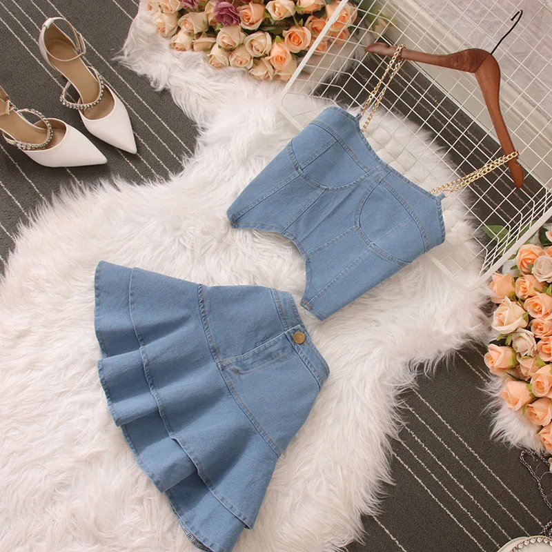 Women Denim Skirts 2pcs Suits Spaghetti Strap Vest Tops + High Waist Pleated Jeans Mini Skirt Clothing Sets Outfits