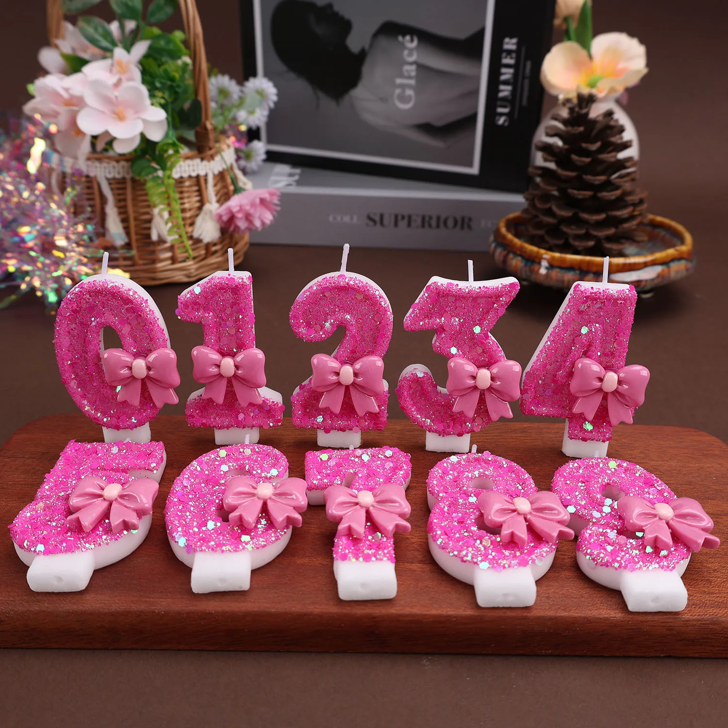 Magenta-colored digital birthday candles, bow-shaped candles, anniversary candles for special occasions, party gifts