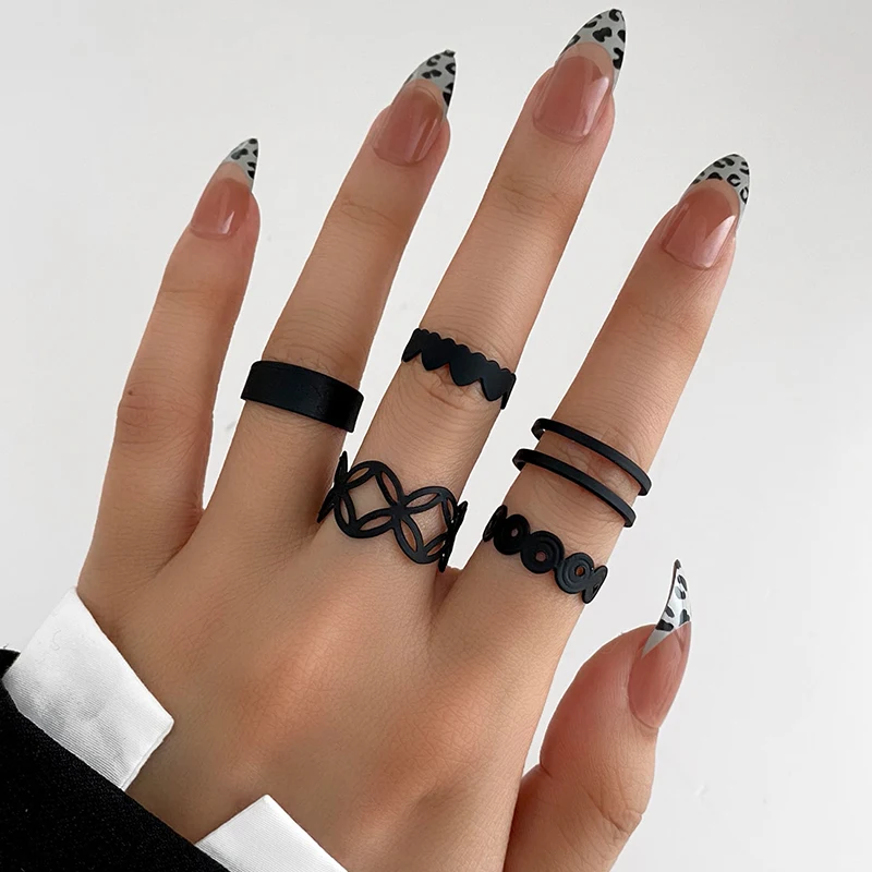 Punk Snake Black Rings Set For Women Vintage Geometric Metal Cross Rings Set 2022 Fashion Trend Personality Jewelry Gifts image 2