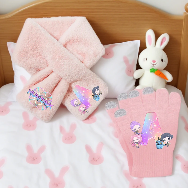 

Kpop Demon Hunters 2pcs Children Scarf Gloves Keep Warm Autumn Winter Girls Cute Fashion Pink Plush Scarves Gloves Birthday Gift