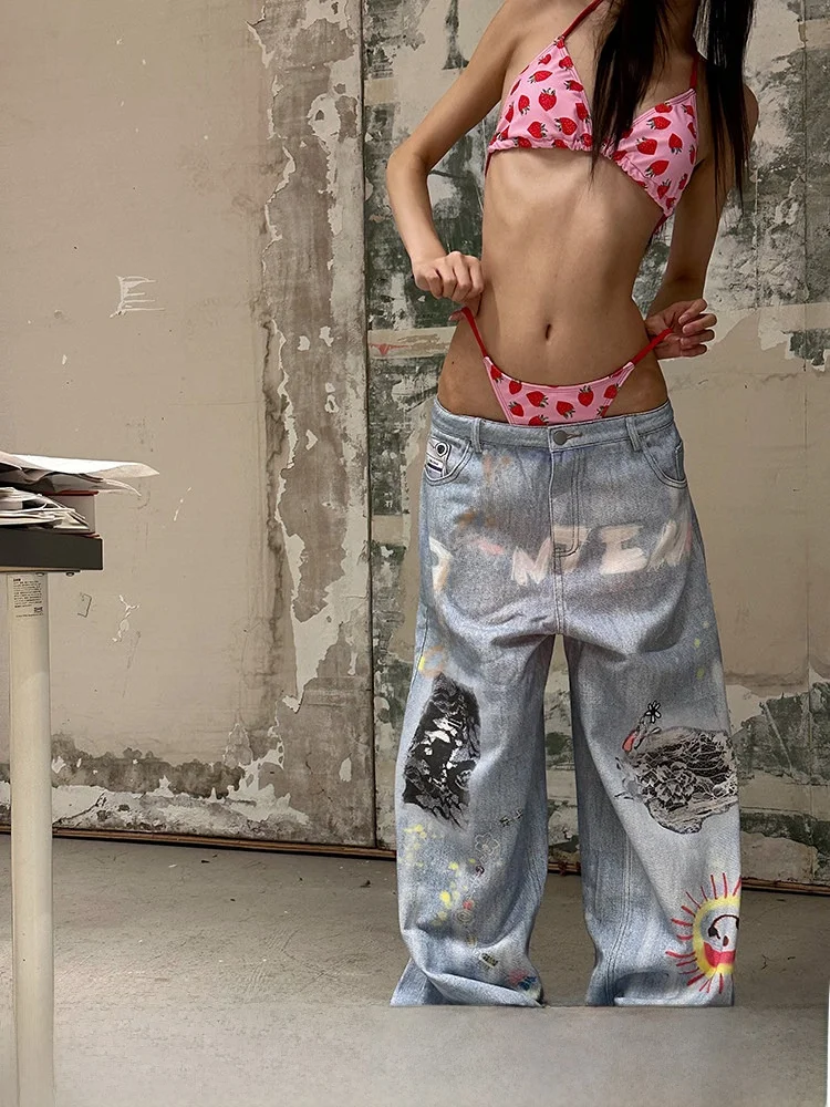 

Джинсы CCUP SPACE Street fiti: свободный крой, дизайнерский эффект, прямые штанины, винтажный стиль, повседневные, с низкой посадкой, длинные брюки