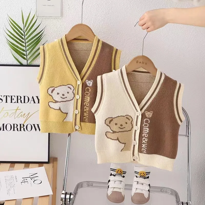 2026 Infant Baby Boys Vest Knitwear UNITIM Autumn 1-6Yrs Kids Boys Sleeveless Sweater Bear Printed Spliced Toddler Boys Cardigan