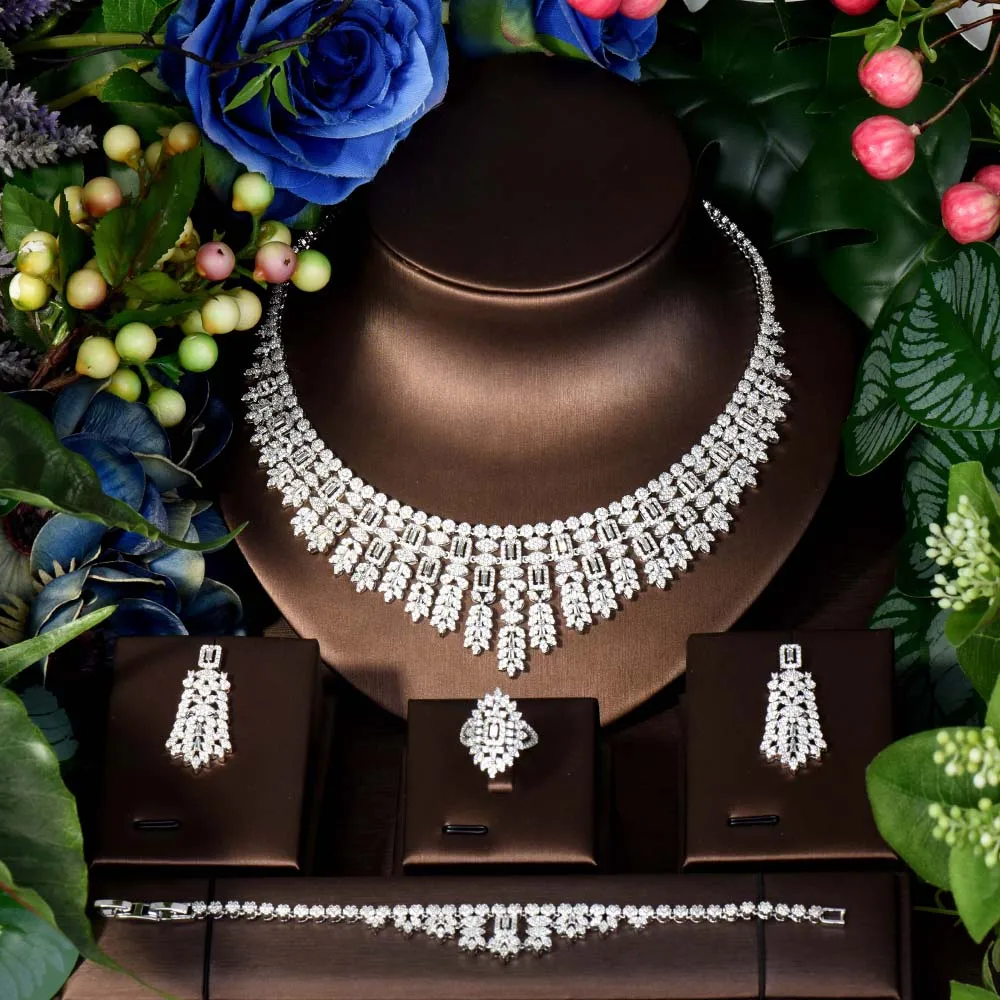 Luxury Full Micro Pave African Jewelry Sets For Women Wedding Bridesmaid Jewelry Necklace Earring Bracelet Ring Party Sets S-317