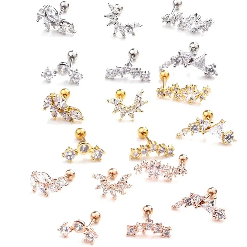 Aço inoxidável Ear Piercing Stud, Estrela, Borboleta, Lua, Cartilagem, Hélice, Conch, Parafuso Voltar Brinco, Jóias para Lady, 3 Pcs