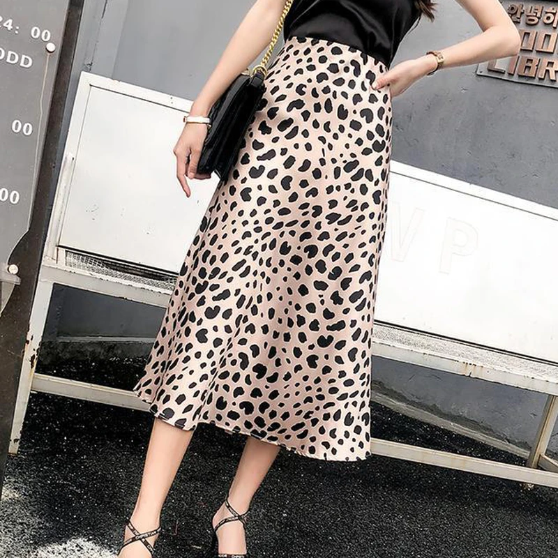 

Women Clothing Summer Fashion Vintage Leopard Print Elegant Party Skirts Female Satin High Waist Slim A Line Midi Skirt Faldas