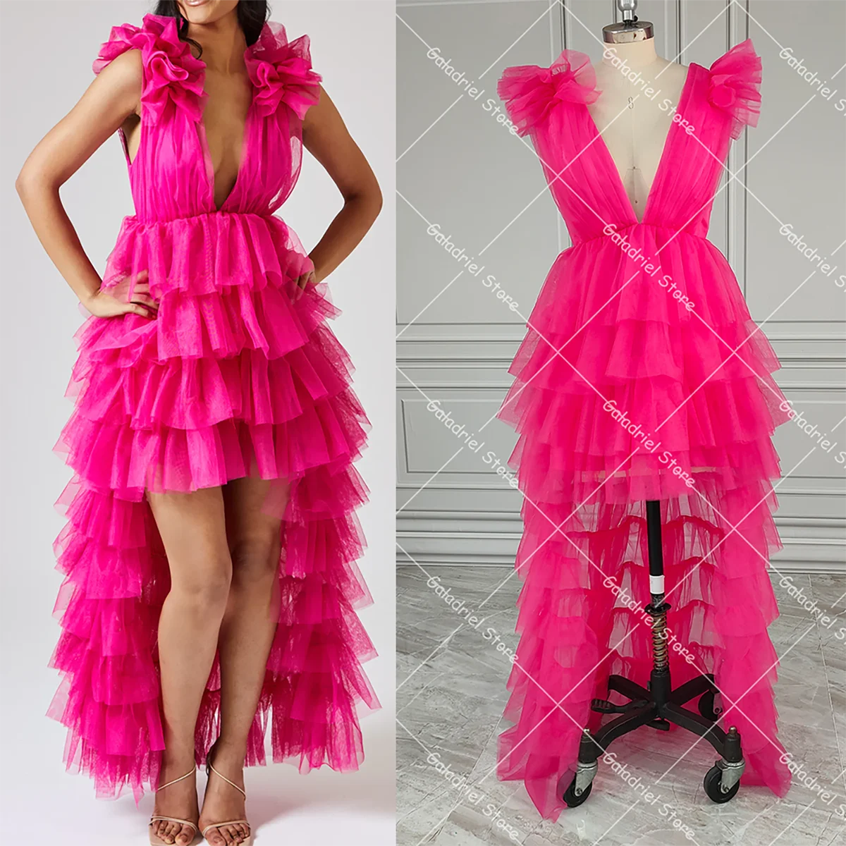 Fuchsia Pink Tiered High Low Tulle Dress Deep V Neck Solid Color Ankle Length A Line Sexy Customized Maxi Homecoming Prom Gowns