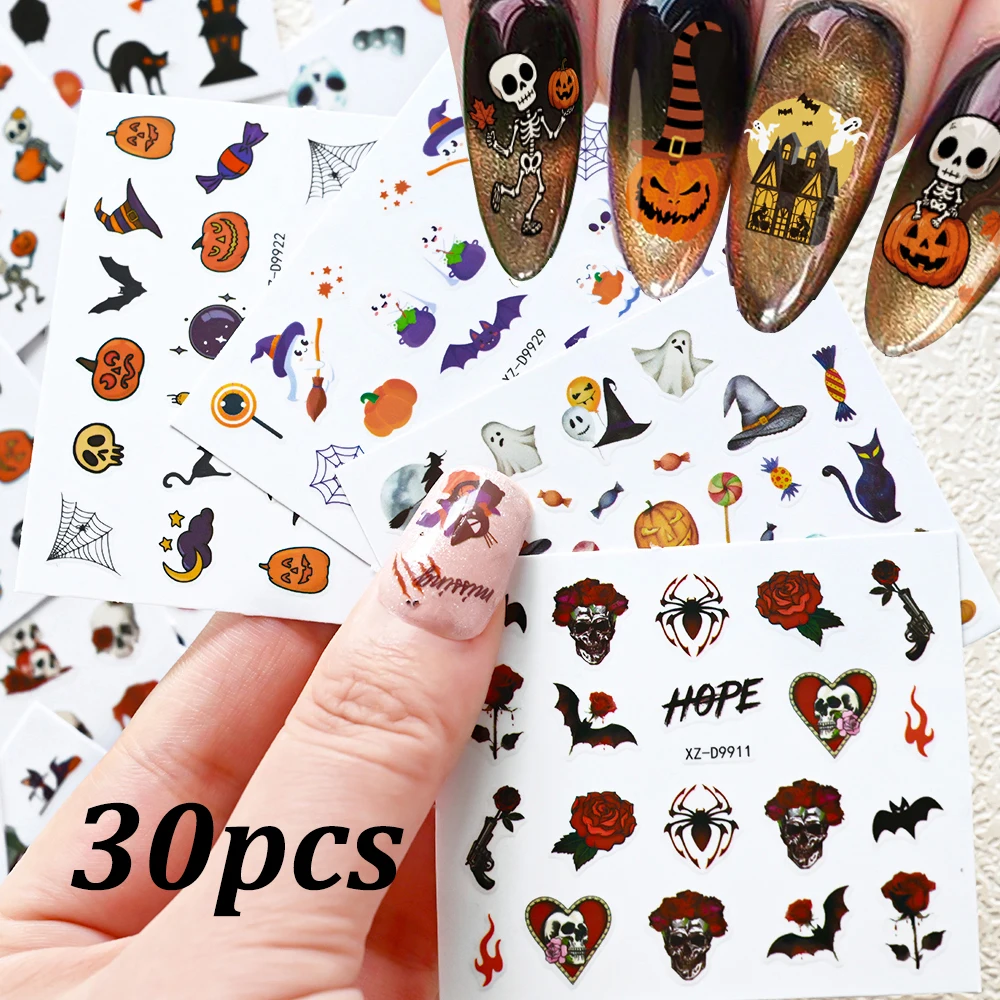 

30pcs Halloween Cartoon Ghost Nail Stickers 3D Skull, Pumpkin, Bat, Black Cat, Spider Nail Terror Nail Slider Decals Y2k Decorat