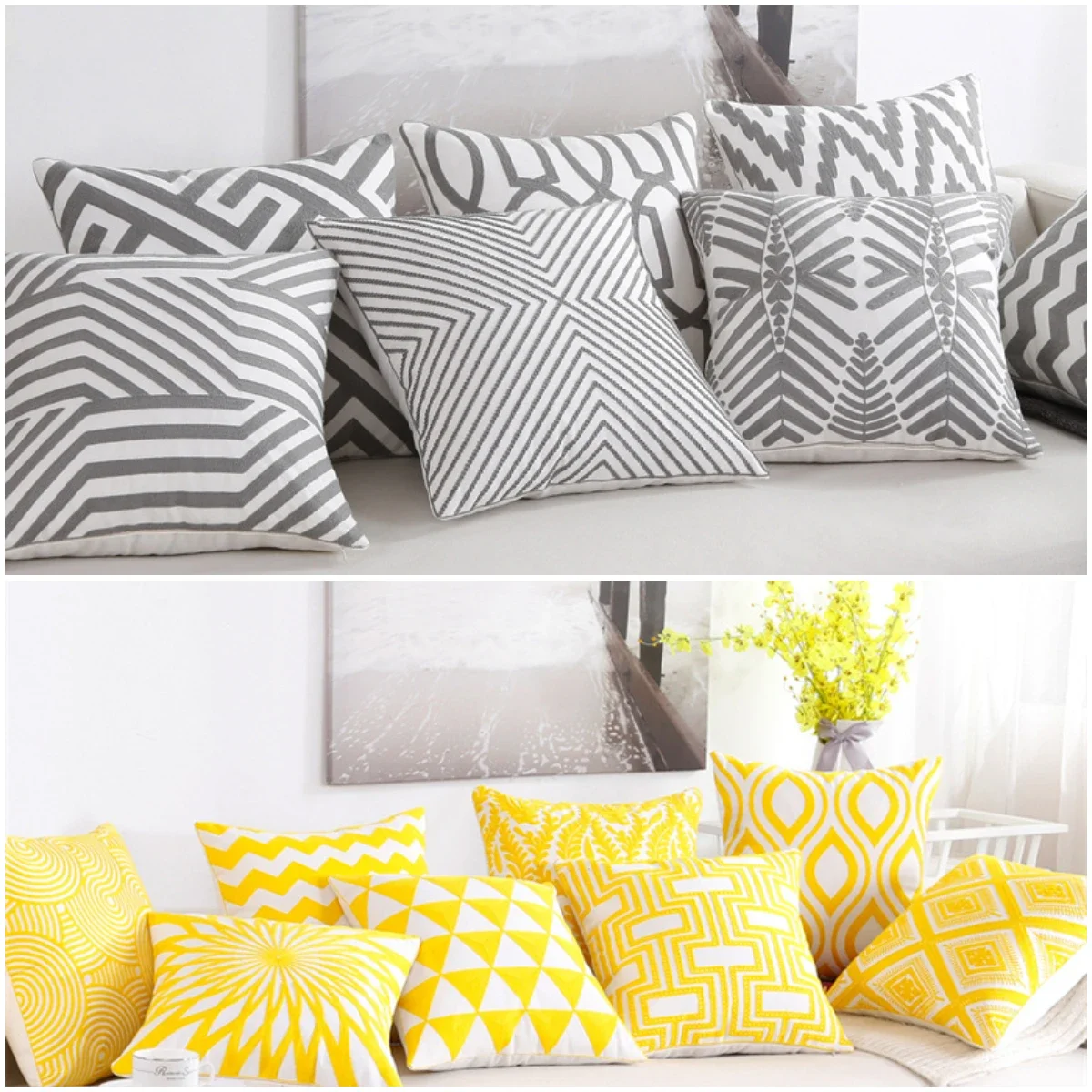 

New 100% Cotton Woolen Embroidery Pillowcase Gray Yellow Geometric Modern Nordic Style Pillow Cover Cotton Sofa Bed Cushion Case