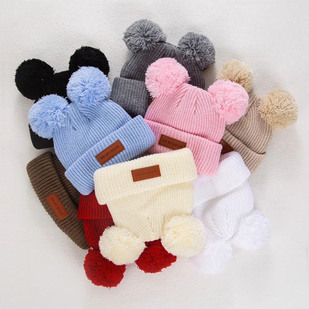 Leather Stick Baby Beanies 0-3T Solid Knitted Cute Newborn Boys Girls Turban Hats Bonnets Infant Fall Winter Pompom Headwraps