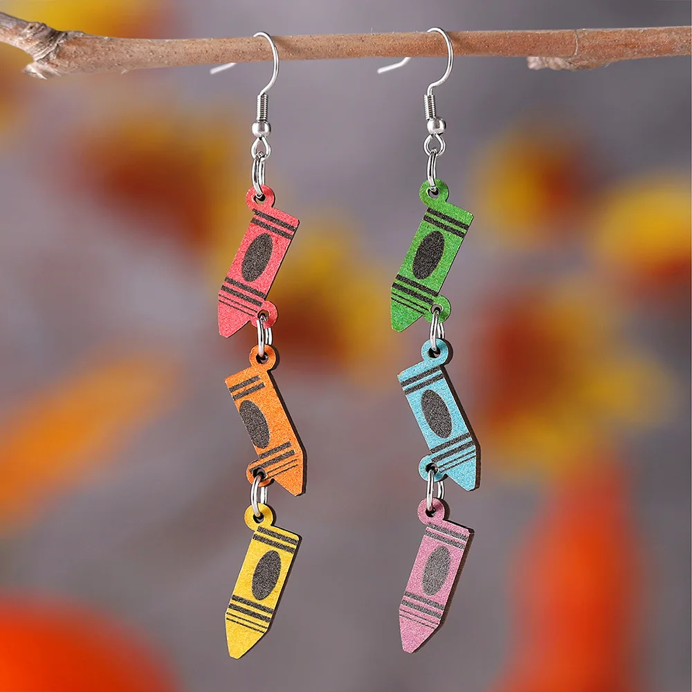 European and American personalized colored crayon pendant earrings teacher gift rainbow double-sided wooden fringed