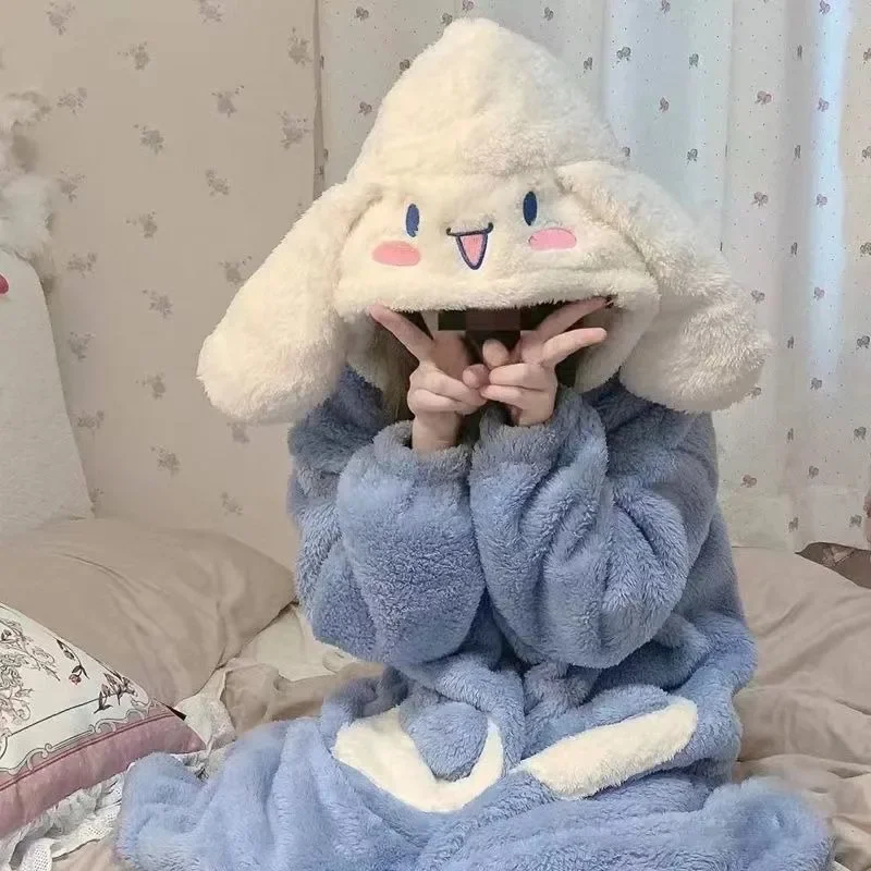 Kawaii Hello Kitty Sleepwear Hoodies Anime Cartoon Cinnamoroll Printed Accessories Girls' Winter Coral Velvet Warm Home Clothes