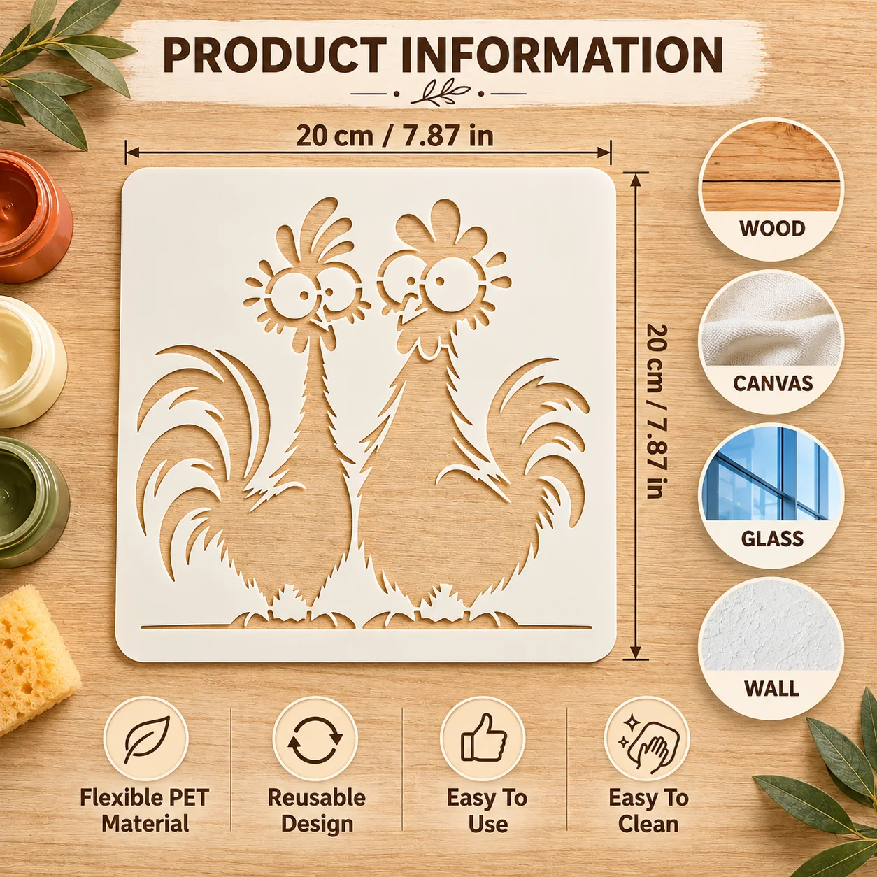 3PCS Chicken Stencils 7.87 x 7.87 in Funny Rooster Painting Templates, Farmhouse Chicken Stencil Set for DIY Wall Wood Sign Canv