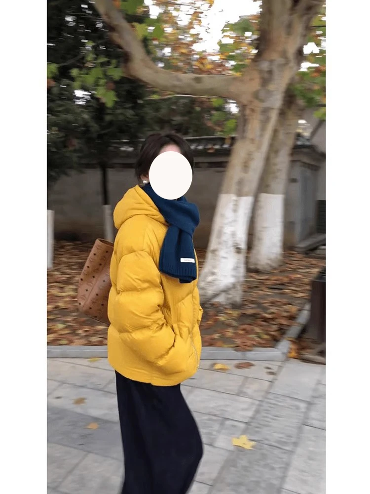 

Yellowish Orange Hooded Short Cotton Jacket Women's Winter New Style High Sensation Slimming Versatile Bread Coat Top