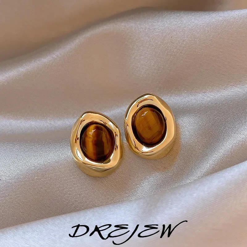 DREJEW Maillard Tiger Eye Stone Earrings 2025 Korean Fashion  Light Luxury Stud Earring Luxury Designer Jewelry Wholesale Gifts