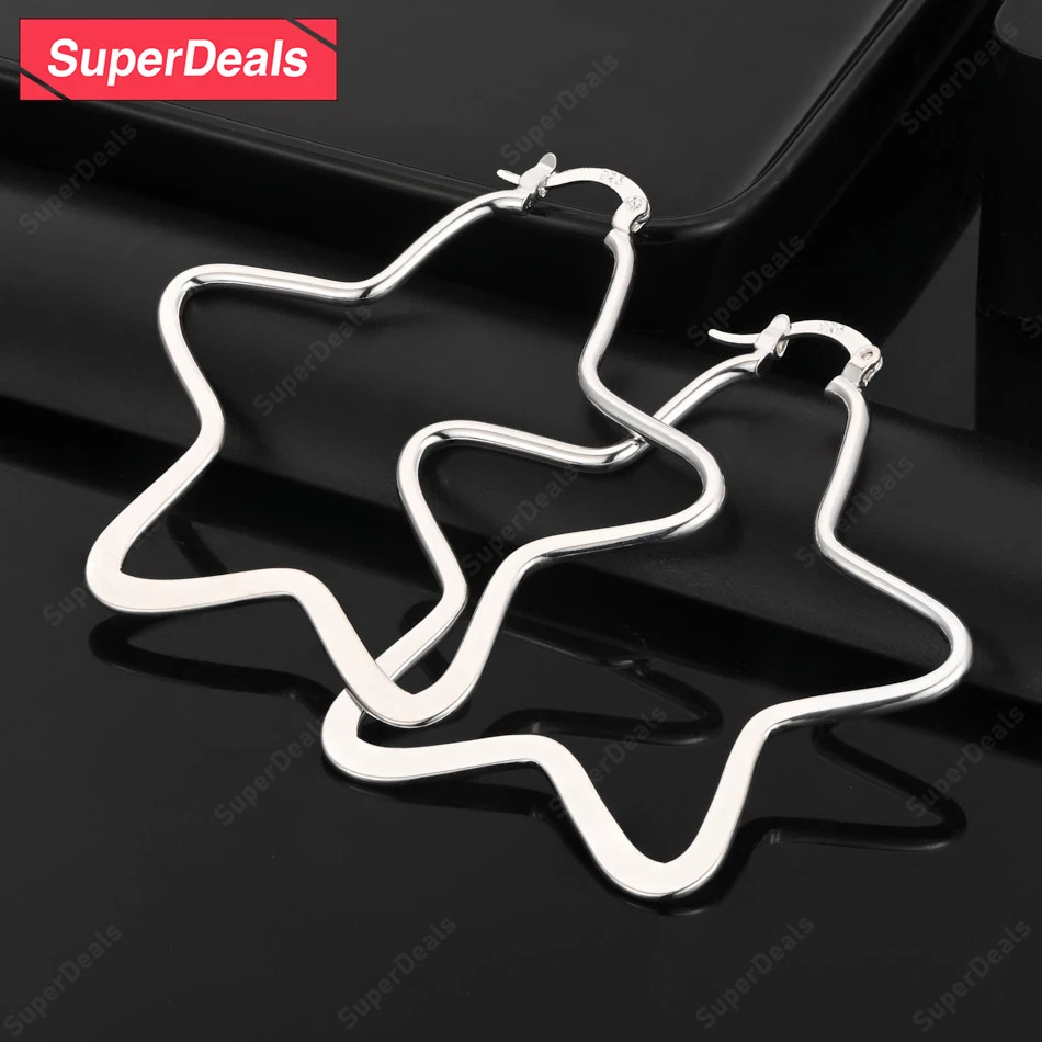 

SuperDeals 925 Sterling Silver 52mm Smooth Star Hoop Earrings Women Pretty Cute Jewelry Christmas Birthday Party Exquisite Gift