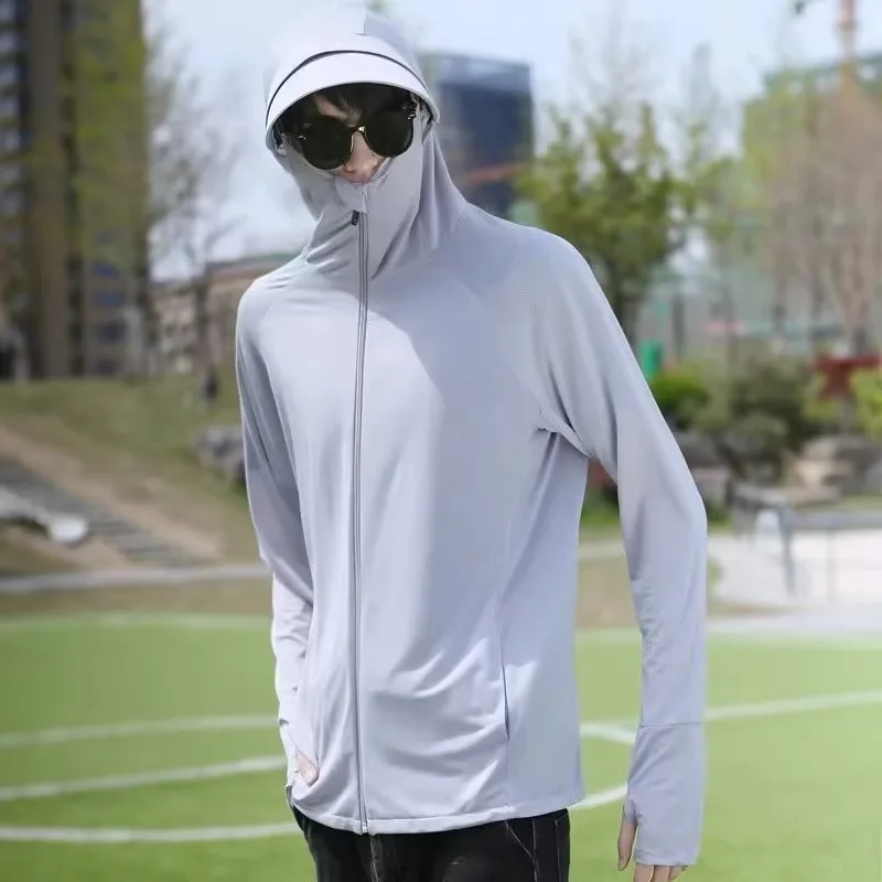 Men's Summer Lightweight Quick Dry Zipper Outdoor Fishing Hooded Sun Protection Cardigan Fashionable Casual Loose Fit Long Sl...