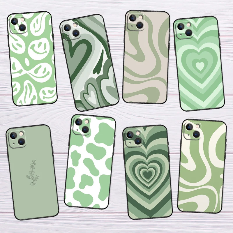 Sage Green Swirl Aesthetic Phone Case For iPhone 16 15 14 11 12 13 Pro Plus X XR XS Max 13 Mini Soft TPU Cover