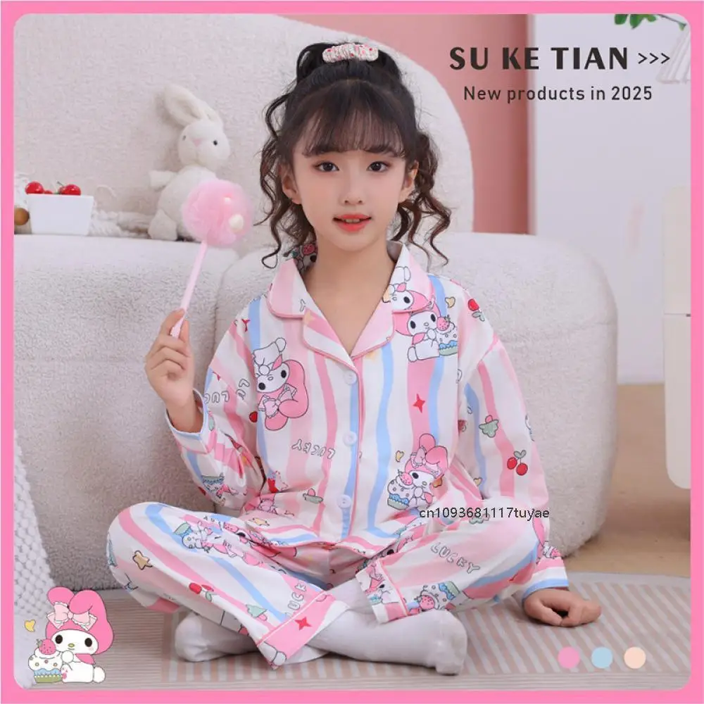 Anime Sanrios Cinnamoroll Kuromi Melody Cardigan Children Pajamas Spring Long-Sleeved Cartoon Cute Teen Printing Homewear Suit