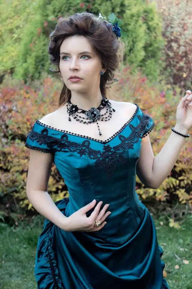 Teal Blue Vintage Victorian Bustle Evening Dresses Retro Off Shoulder Lace-up Corset Gothic Ruffles Pleats 1820S Prom Gown