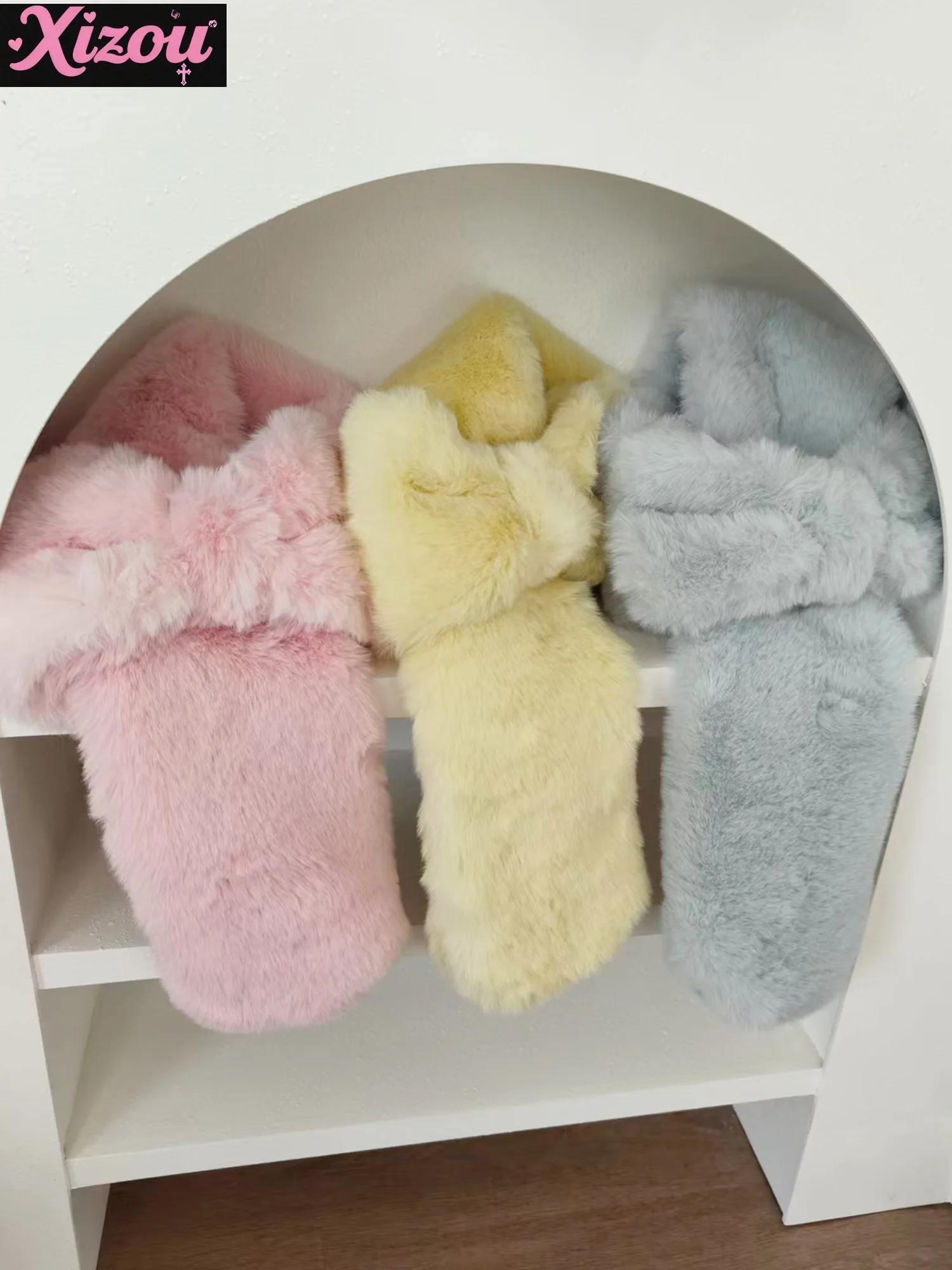 

Japanese Sweet and Cute Imitation Rabbit Fur Bow Scarf Thickened Women's Winter Warm Dopamine Plush Scarf Solid Color Versatile