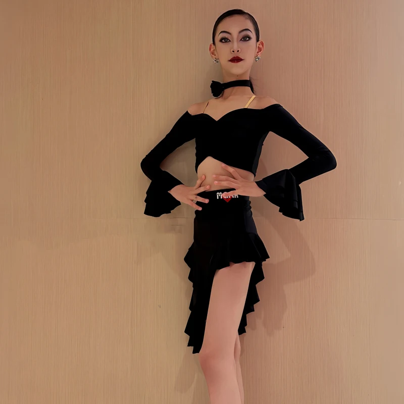 مجموعة أزياء الرقص اللاتينية لعام 2025 للفتيات فستان أسود للأطفال سامبا رومبا أداء مسابقة الاتحاد الجديد زي لاتيني #3