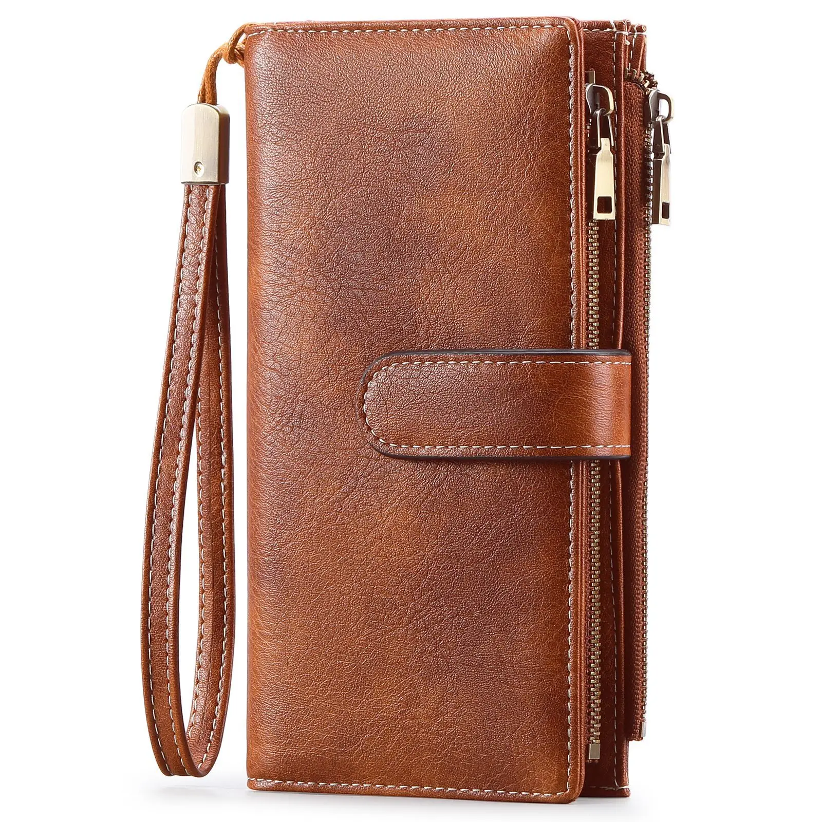 Women PU Leather Long Wallet Double Zipper Clutch Purse Card Holder Cash Organizer with Wrist Strap RFID Blocking Large Capacity