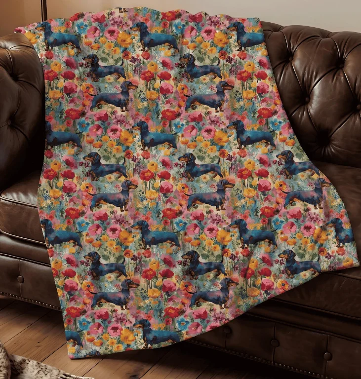 Dachshund Blanket Colorful Wildflower Weiner Dog Throw, Black and Tan Doxie, Vibrant Floral Bedding Sausage Dog Mom Gift Blanket