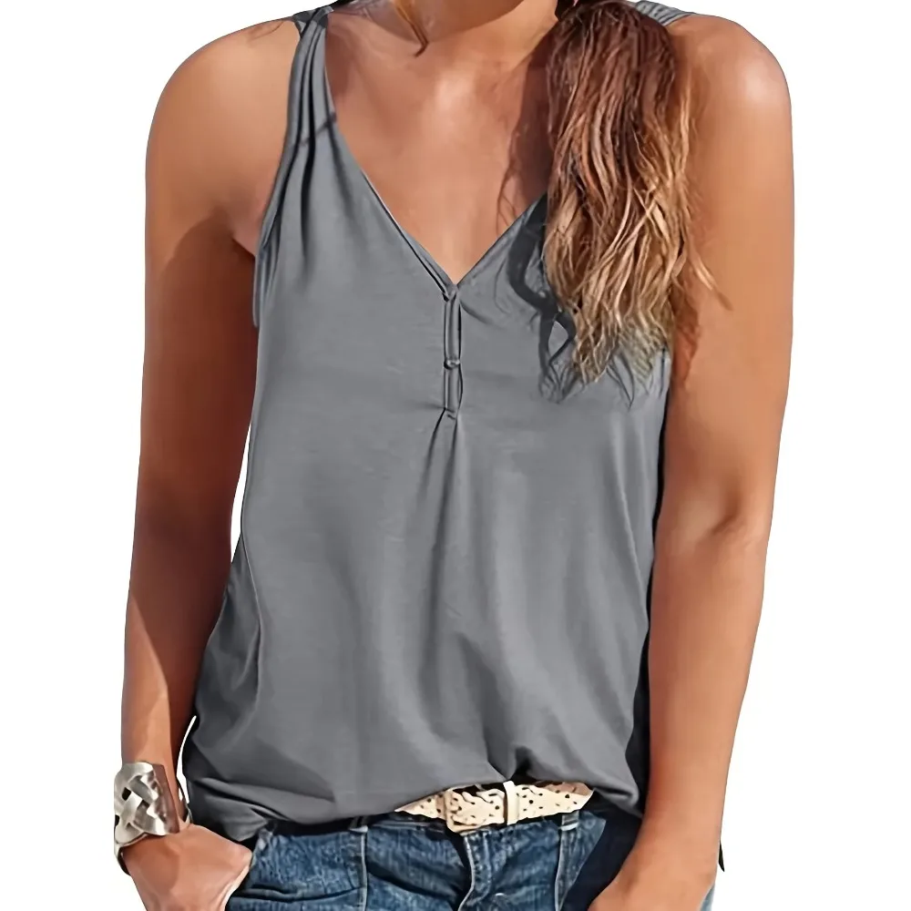 حجم كبير المرأة زر تانك الأعلى عارضة أكمام فضفاضة تانك TopWomen عارضة أكمام ساحة الرقبة سترة #1