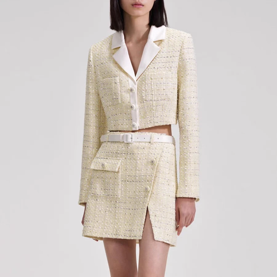 Women Yellow Tweed set Full Sleeve casual Jacket With mini Skirt