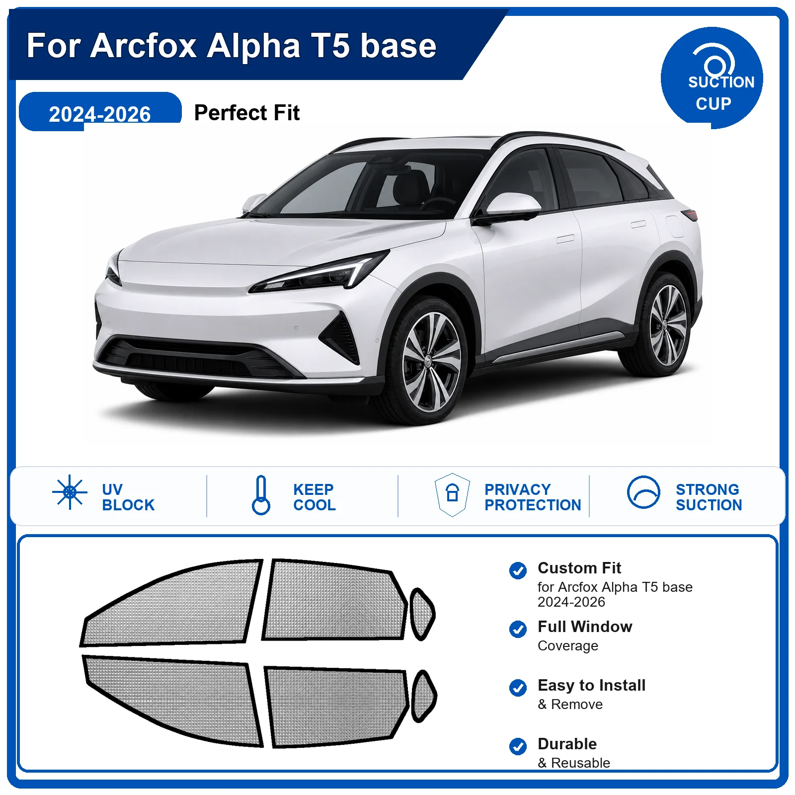 For Arcfox Alpha T5 base 2024-2026 Custom Full Set Windshield Sun Shade Aluminum Foil Heat Insulation Anti UV Foldable