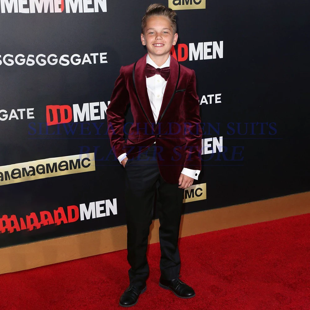 

Модная бордовая бархатная куртка с черными брюками, костюмы для мальчиков, индивидуальная шаль с отворотом на одной пуговице, комплект из двух предметов, свадебная одежда