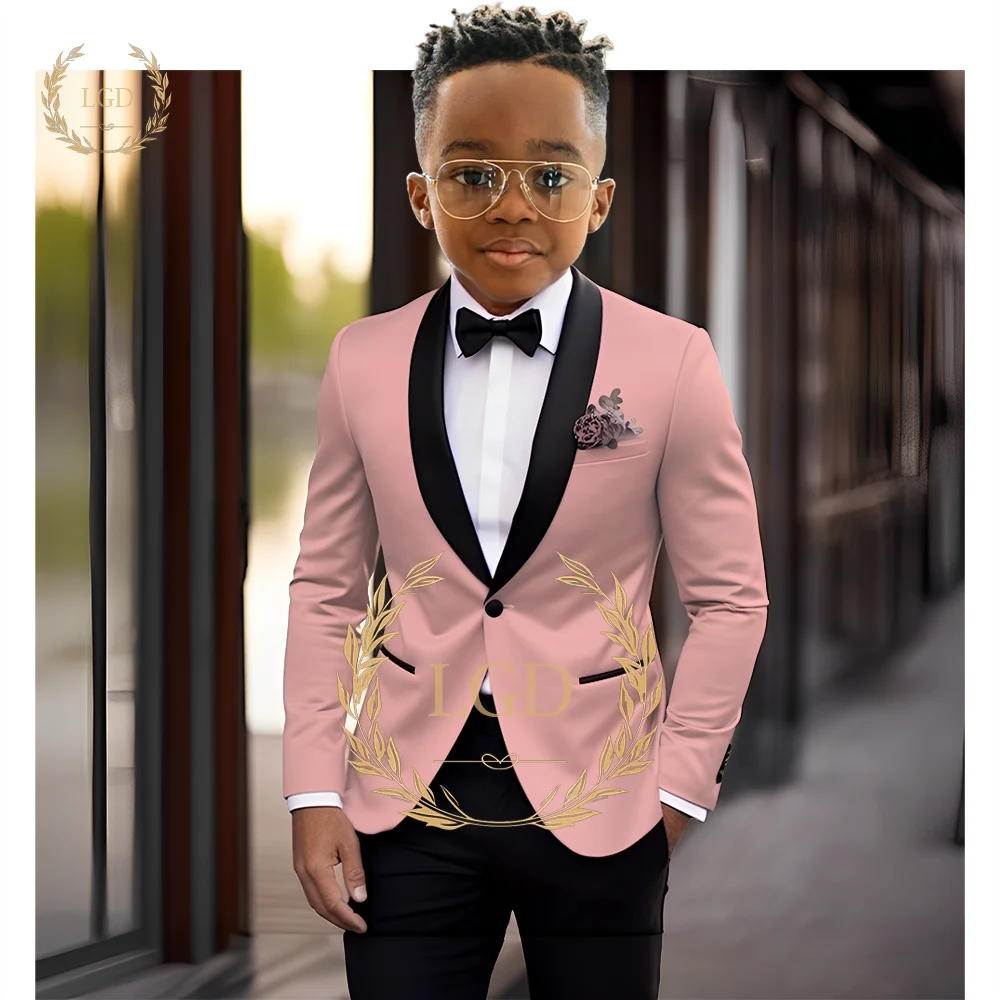 Boys\' black shawl collar single button suit dress set 2-piece (jacket+pants) children\'s wedding party birthday tailcoat