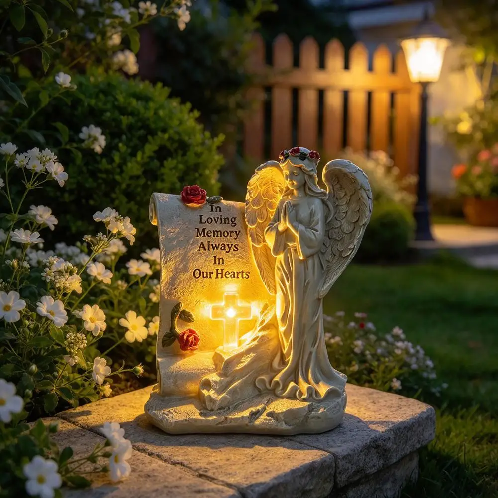 Solar Angel Statue with Rose Relief Resin Lighted Memorial Figurine Solar Powered Auto Turn on Commemorative Sculpture