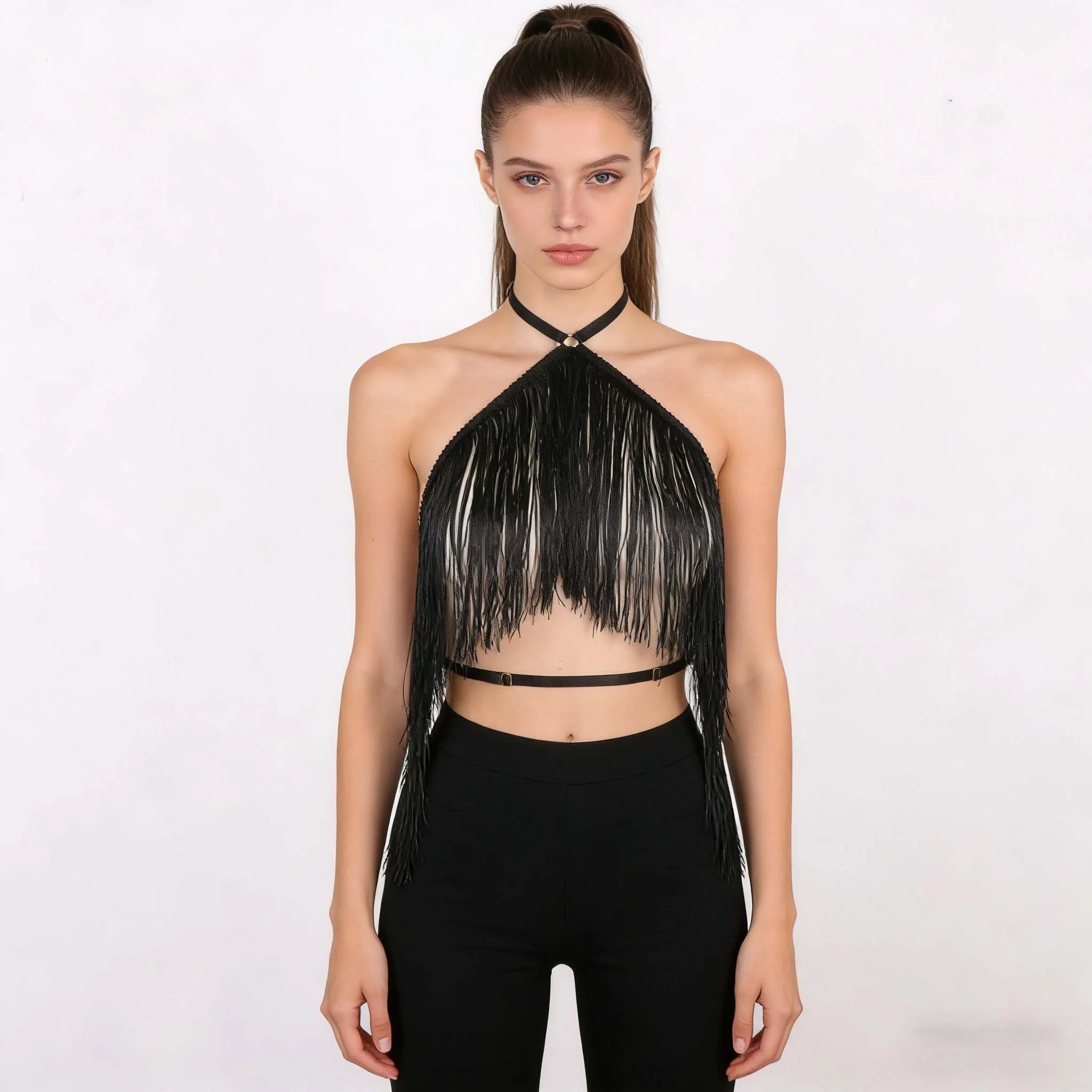 Body-Korsett im Goth-Stil, Crop-Top, schwarzes Camisole-Oberteil mit Quastenverzierung, verstellbarer elastischer Tragegurt