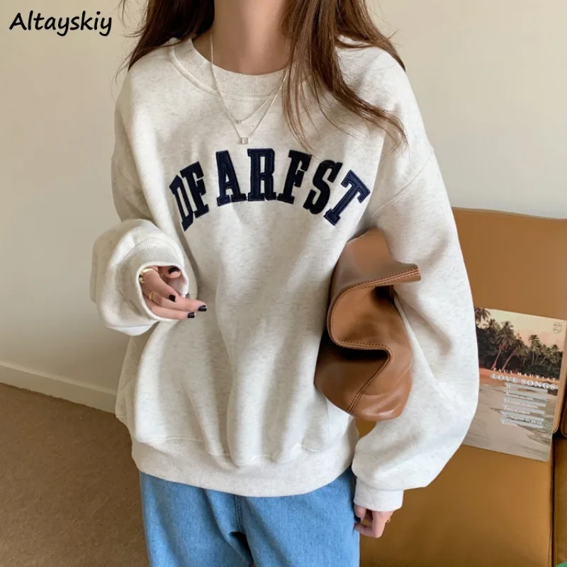 No Hat Hoodies Women Letter Embroidery O-neck Long Sleeve Loose Simple Classic Korean Fashion Stylish Leisure Students Vintage