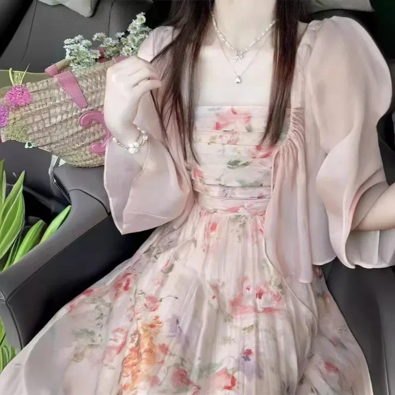 

Elegant Print Midi Dresses Women Spring Summer French Fashion Sweet Vintage Female Clothes Set Loose Maxi Y2k Dress Платье 원피스