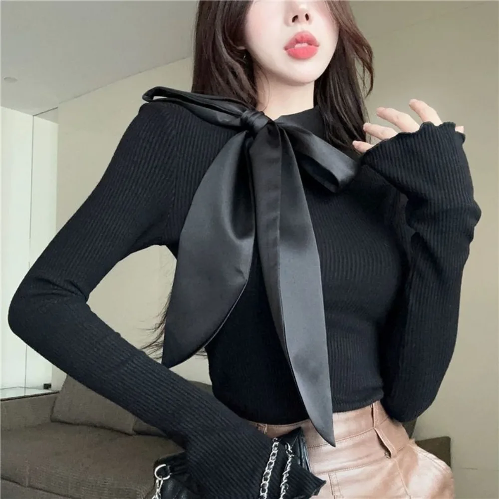 Lady Graceful Vintage Bowknot Collar สีดําเสื้อกระโปรง 2 ชิ้นชุดผู้หญิงฤดูใบไม้ผลิฤดูใบไม้ร่วง Retro เสื้อแขนยาวชุดกระโปรง