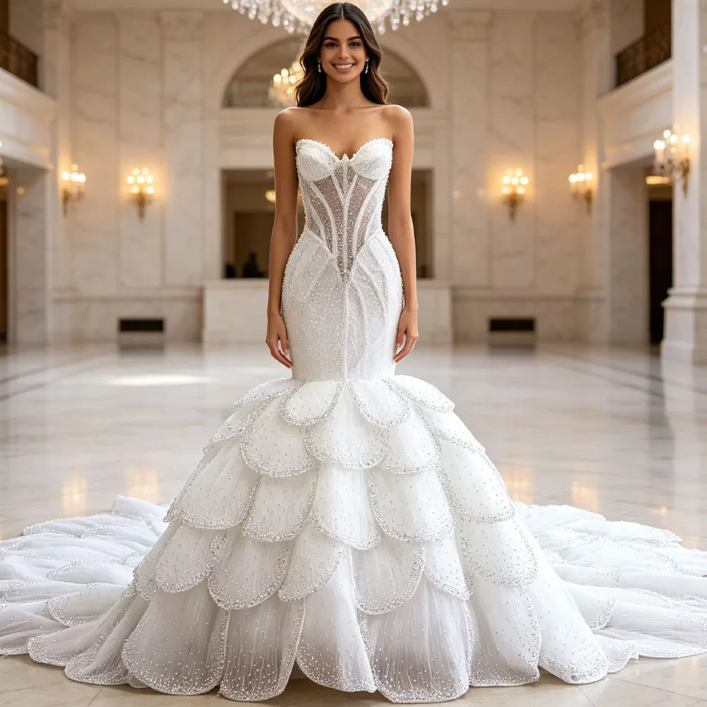 Gorgeous Evening Dress Sweetheart Sleeveless Crystal Beading Lace Up Back Tiered Mermaid Vestido De Gala Noche Mujer